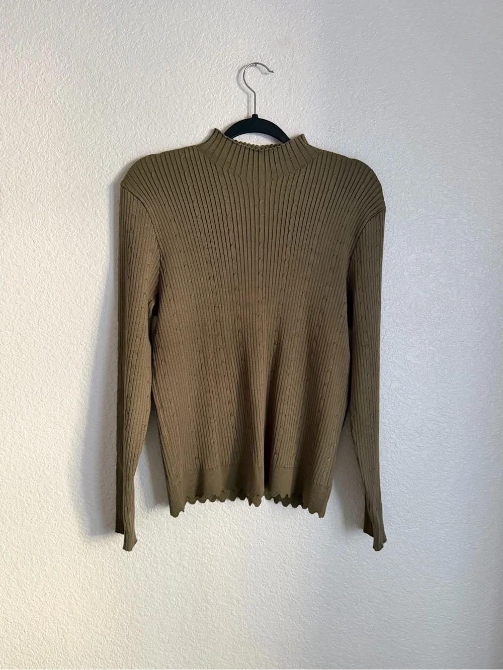 Adrianna Papell Ribbed Cable Knit Mock-neck Sweater L Olive Green NEW